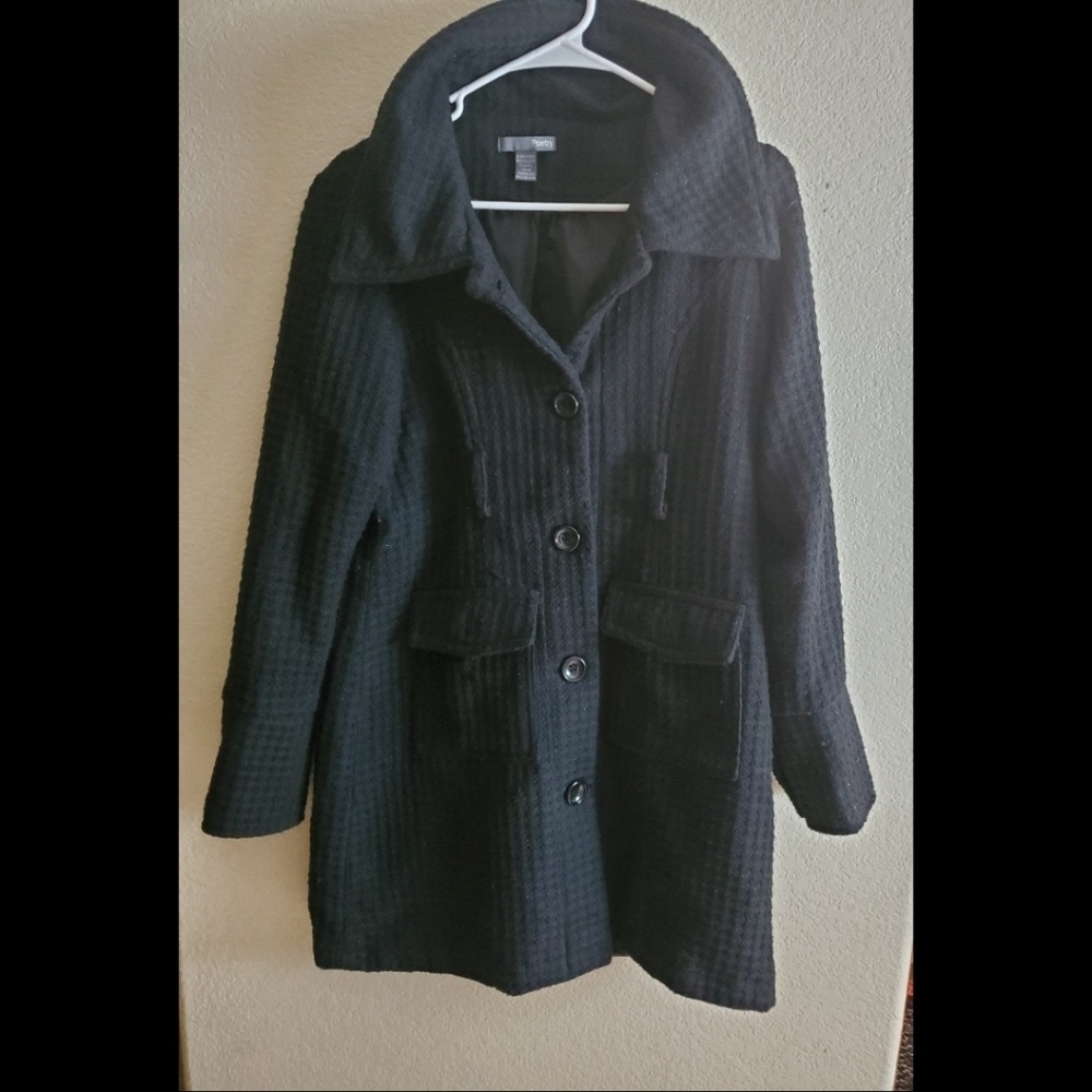 Poetry Black Wool Blend Button Ribbed Pea Coat Medium Capsule